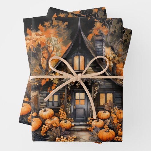 Haunted House met pompoenen Halloween Inpakpapier Vel (In situ)