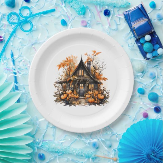 Haunted House met pompoenen Halloween Papieren Bordje (Feest)