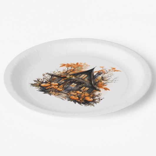 Haunted House met pompoenen Halloween Papieren Bordje (Gekanteld)