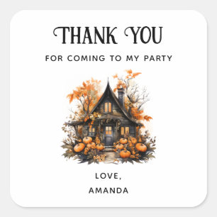 Haunted House met pompoenen Halloween Party Bedank Vierkante Sticker