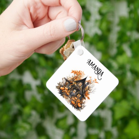 Haunted House met pompoenen Halloween Sleutelhanger (Hand)