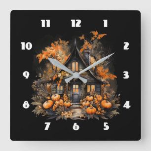 Haunted House met pompoenen Halloween Vierkante Klok