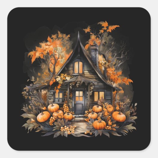 Haunted House met pompoenen Halloween Vierkante Sticker (Voorkant)