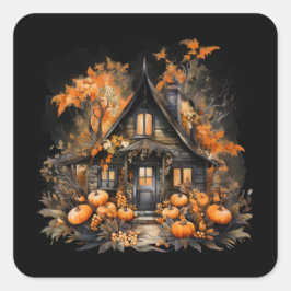 Haunted House met pompoenen Halloween Vierkante Sticker