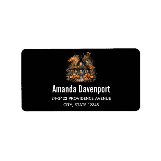 Haunted House met pompoenen Halloween Zwart Etiket (Voorkant)
