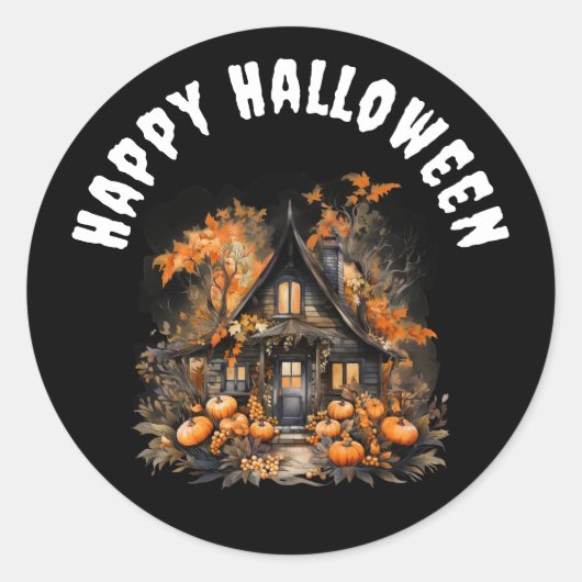 Haunted House met pompoenen Happy Halloween Ronde Sticker (Voorkant)