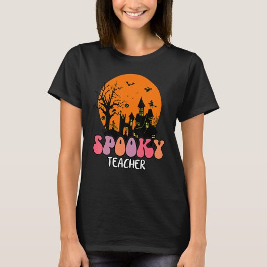 Haunted House Moon Night Groovy Spooky Teacher 4 T-shirt (Voorkant)