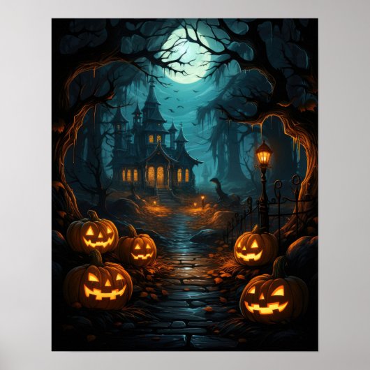 Haunted House Onder Moonlit Halloween Poster (Voorkant)