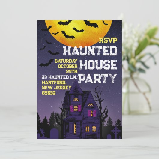 Haunted House Party Night Time Volwassen Halloween Kaart (Staand voorkant)