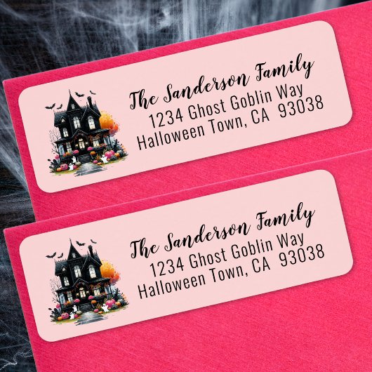 Haunted House Pink Halloween Retouradres Etiket