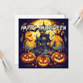 Haunted House & Pompoenen | Happy Halloween Kaart (Voorkant / Achterkant in situ)