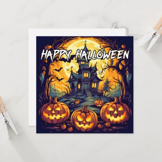 Haunted House & Pompoenen | Happy Halloween Kaart (Voorkant / Achterkant in situ)