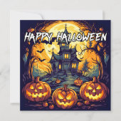 Haunted House & Pompoenen | Happy Halloween Kaart (Voorkant)