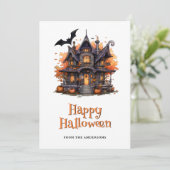 Haunted House Pumpkins Bats Ghost Halloween Kaart (Staand voorkant)