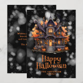 Haunted House Pumpkins Bats Halloween Kaart (Voorkant / Achterkant)