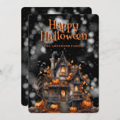 Haunted House Pumpkins Bats Happy Halloween Kaart (Voorkant / Achterkant)