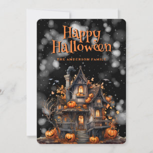 Haunted House Pumpkins Bats Happy Halloween Kaart