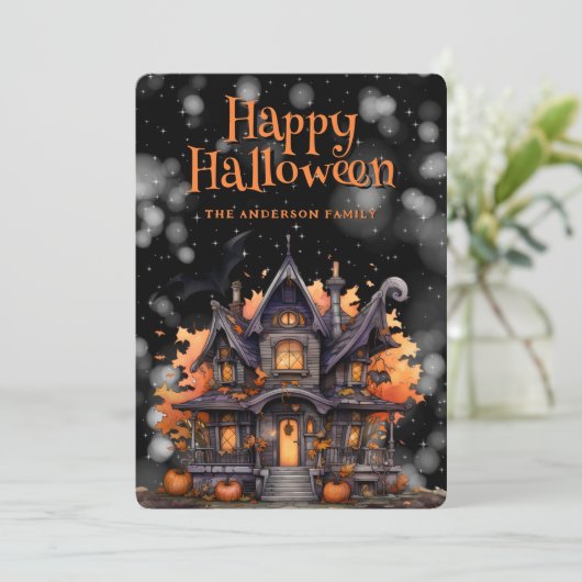 Haunted House Pumpkins Happy Halloween Kaart (Staand voorkant)