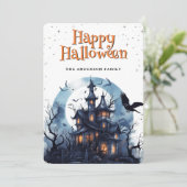 Haunted House Raven Bats Happy Halloween Kaart (Staand voorkant)