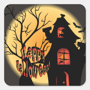Haunted House Silhouette   Happy Halloween Vierkante Sticker