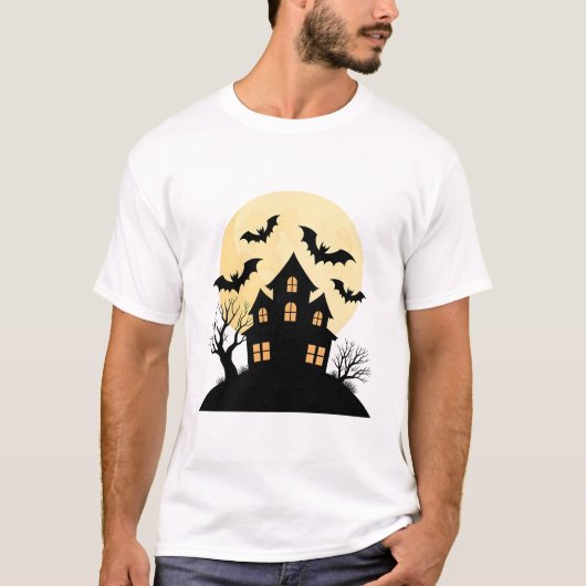 Haunted House Silhouette met volle maan en vleermu T-shirt (Voorkant)