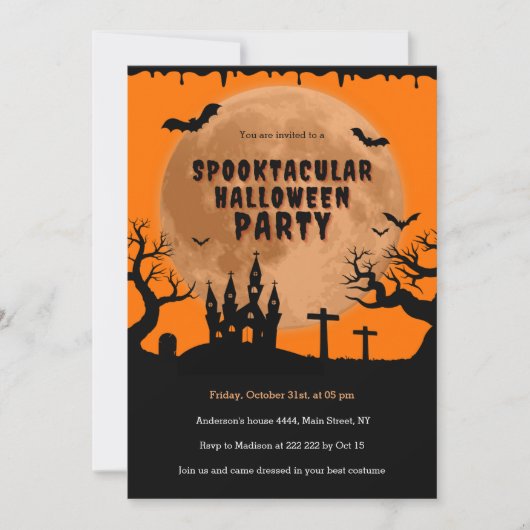 Haunted House Sinaasappel Moon Halloween Kaart (Voorkant)