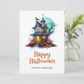 Haunted House Skeleton Ghost Bat Halloween Kaart (Staand voorkant)