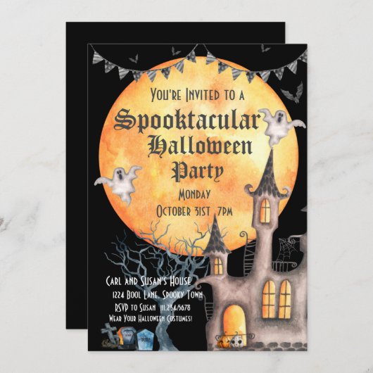 Haunted House, uitnodiging van de Halloween-partij (Voorkant / Achterkant)