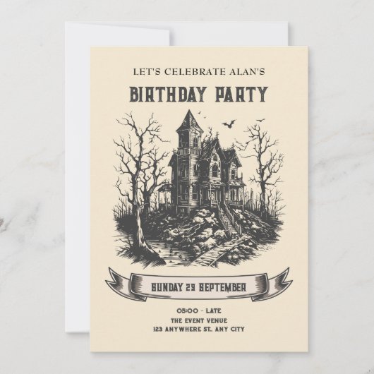 Haunted house verjaardagsuitnodiging kaart (Voorkant)