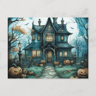 Haunted House Volle Maan Pompoenen Halloween Feestdagenkaart