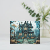 Haunted House Volle Maan Pompoenen Halloween Feestdagenkaart (Staand voorkant)