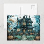 Haunted House Volle Maan Pompoenen Halloween Feestdagenkaart (Voorkant / Achterkant)