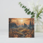 Haunted House Volle Maan Pompoenen Halloween Feestdagenkaart (Staand voorkant)