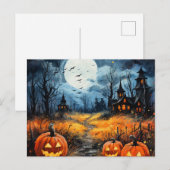 Haunted House Volle Maan vleermuizen pompoenen Hal Feestdagenkaart (Voorkant / Achterkant)