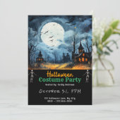 Haunted House Volle Maan Vleermuizen Zwart Hallowe Kaart (Staand voorkant)