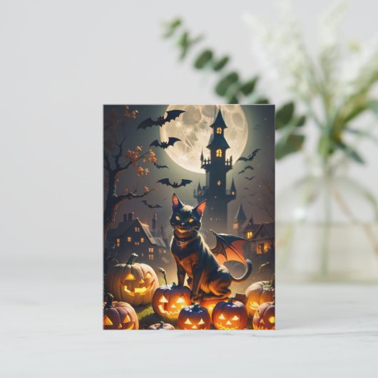 Haunted House, Volle Maan, Zwarte Kat Halloween Briefkaart (Staand voorkant)