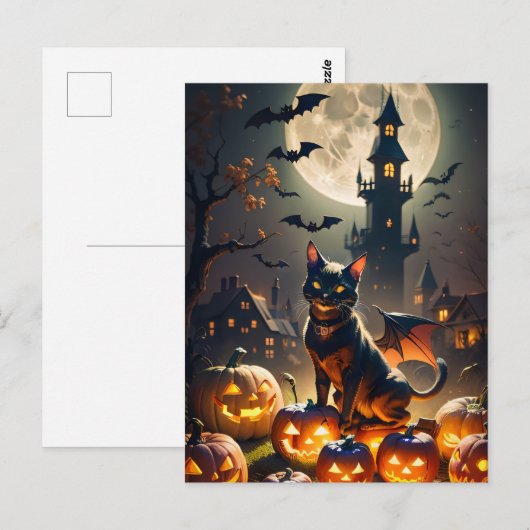 Haunted House, Volle Maan, Zwarte Kat Halloween Briefkaart (Voorkant / Achterkant)