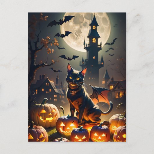 Haunted House, Volle Maan, Zwarte Kat Halloween Briefkaart (Voorkant)