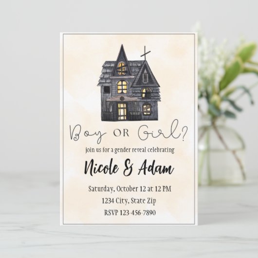 Haunted House Waterverf Halloween Genderonthulling Kaart (Staand voorkant)