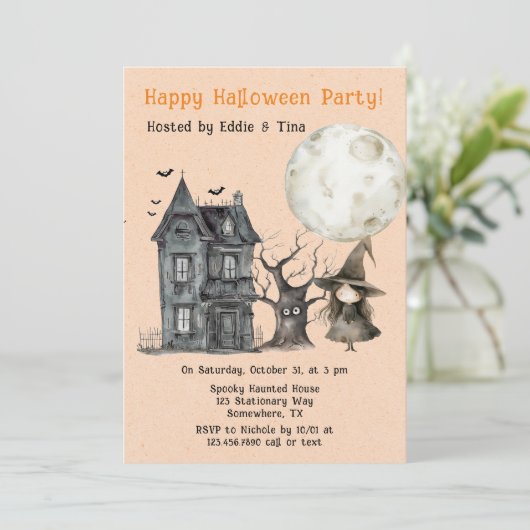 Haunted House Witch Spooky Halloween Party Kaart (Staand voorkant)