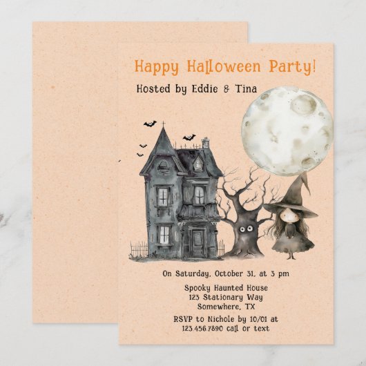 Haunted House Witch Spooky Halloween Party Kaart (Voorkant / Achterkant)