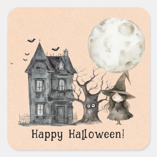 Haunted House Witch Spooky Halloween Party Vierkante Sticker (Voorkant)