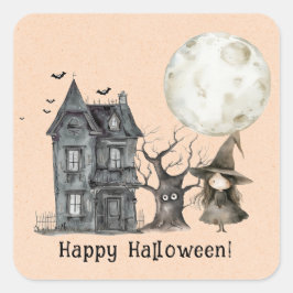 Haunted House Witch Spooky Halloween Party Vierkante Sticker