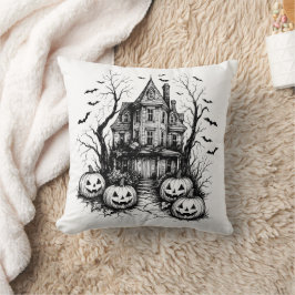 Haunted House zwart-wit Halloween Kussen