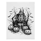 Haunted House zwart-wit Halloween Perfect Poster (Voorkant)