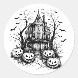 Haunted House zwart-wit Halloween Ronde Sticker