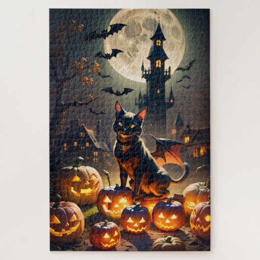 Haunted House, zwarte kat vleermuis, Jack-o-lantaa Legpuzzel (Verticaal)