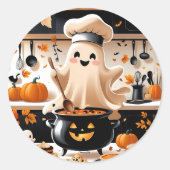 Haunted & Hungry - Kawaii Ghost Chef in de keuken Ronde Sticker (Voorkant)