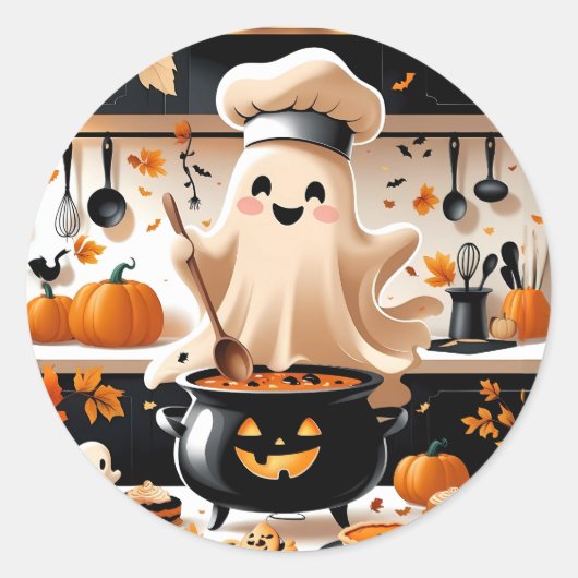 Haunted & Hungry - Kawaii Ghost Chef in de keuken Ronde Sticker (Voorkant)