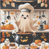 Haunted & Hungry - Kawaii Ghost Chef in de keuken Sticker (Voorkant)
